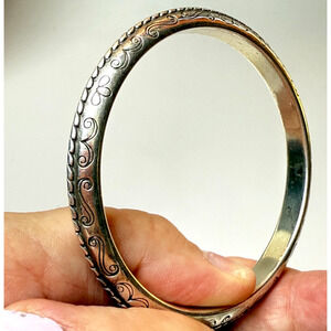 Brighton Etched Embossed Swirl Silver Plated Bangle Bracelet Boho Signed Heavy